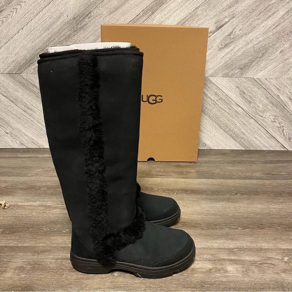 Ugg | Sunburst Extra Tall Suede Shearling Boots In Black New